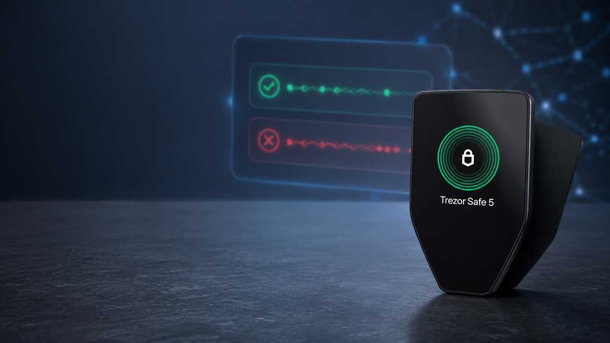 Trezor Safe 5 จาก SIAMBC บนฉากตรวจสอบ Address เพื่อป้องกันการโอนคริปโตผิดจาก Address Poisoning