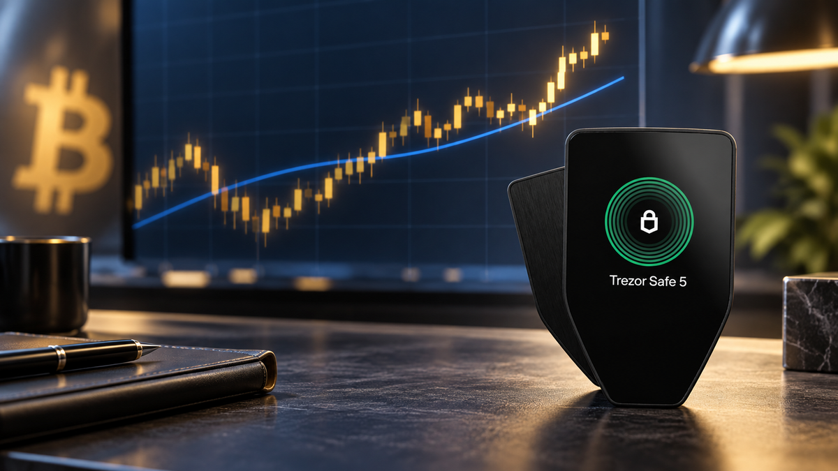 Real Trezor Safe 5 beside a Bitcoin chart crossing above its 50-week moving average