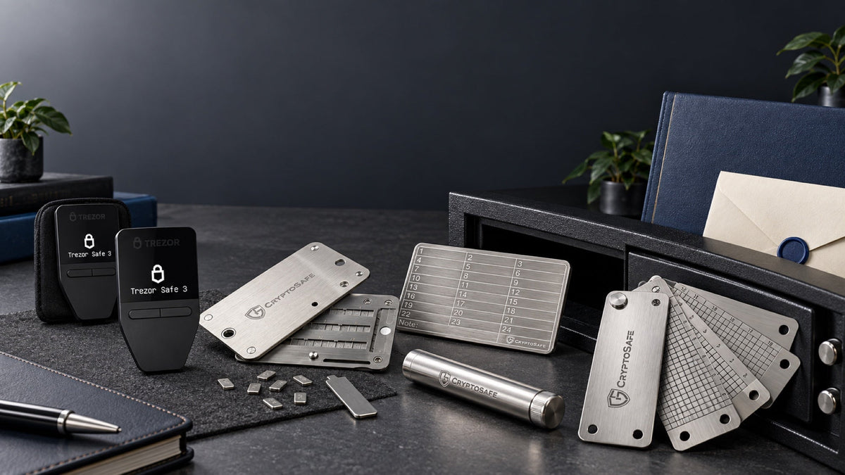 การเก็บ Bitcoin ระยะยาวด้วย Trezor Safe 3 และแผ่นสำรองโลหะ CryptoSafe