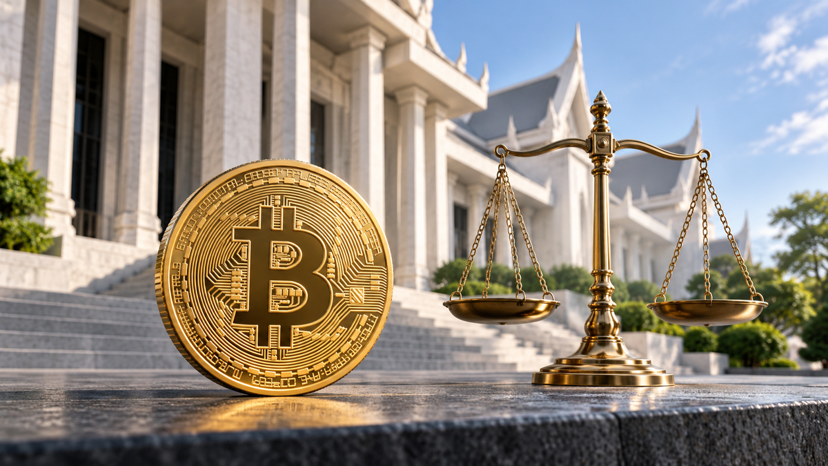 Bitcoin symbol and balance scales in a conceptual Thai courthouse setting