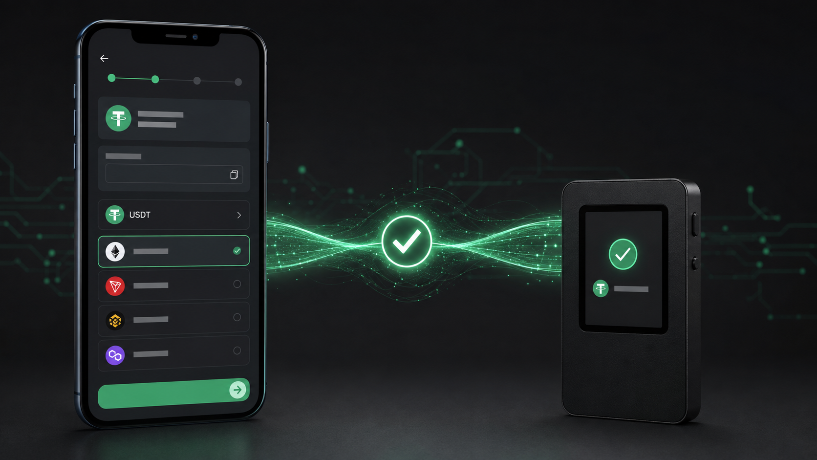 สมาร์ตโฟนกำลังเลือกเครือข่าย USDT ก่อนโอนไปยัง Hardware Wallet เพื่อสื่อถึงการตรวจสอบเครือข่ายให้ตรงกัน