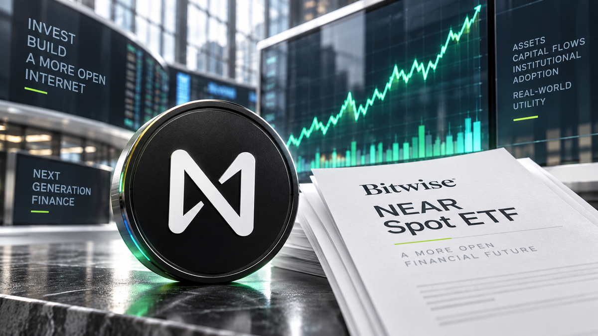 Bitwise NEAR ETF concept with the NEAR logo, exchange documents and a rising market chart