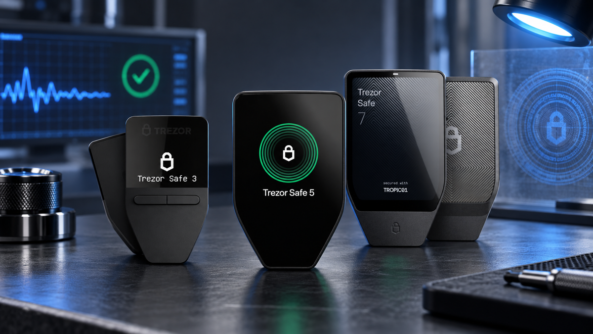 Real Trezor Safe 3, Safe 5 and Safe 7 devices in a professional authenticity inspection setting