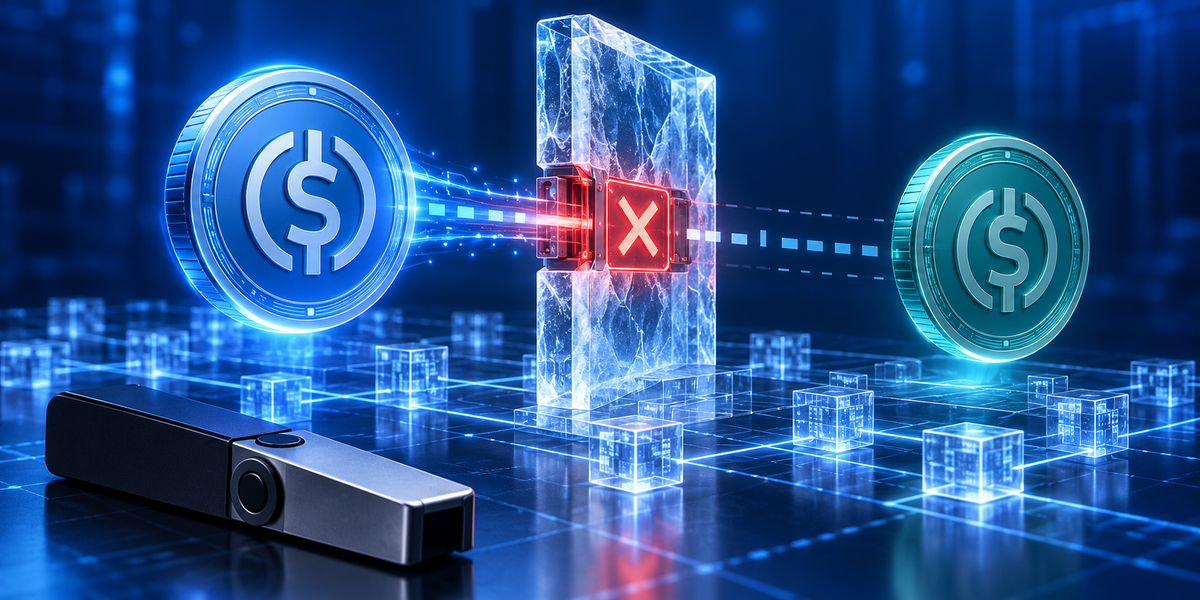 Stablecoin transfer blocked at the smart-contract layer while a hardware wallet protects the private key