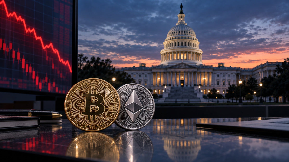 อาคารรัฐสภาสหรัฐฯ กับ Bitcoin และ Ethereum ท่ามกลางกราฟตลาดคริปโตที่ปรับลง