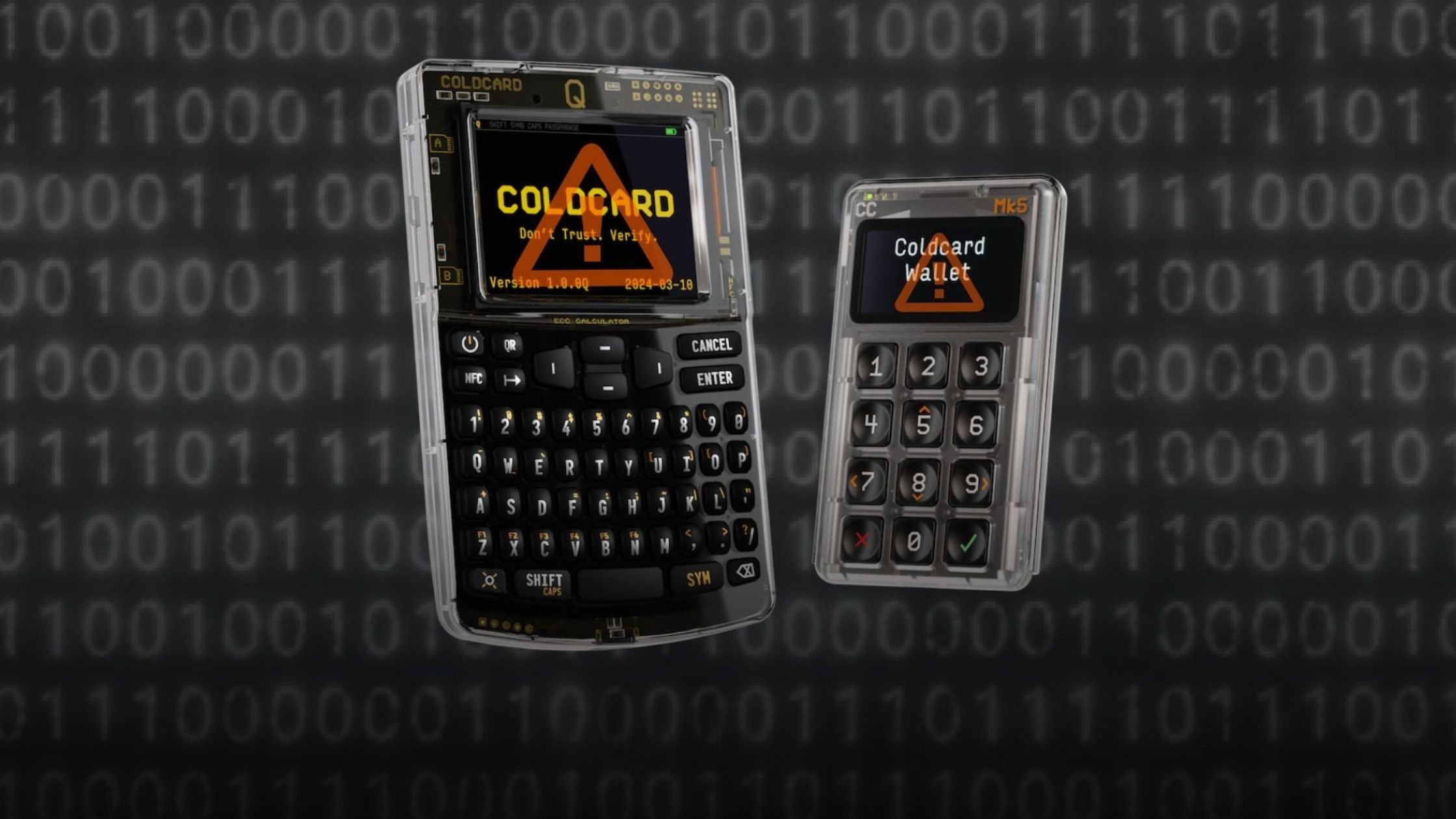 COLDCARD Q and Mk5 hardware wallets showing warning screens, over a binary code background