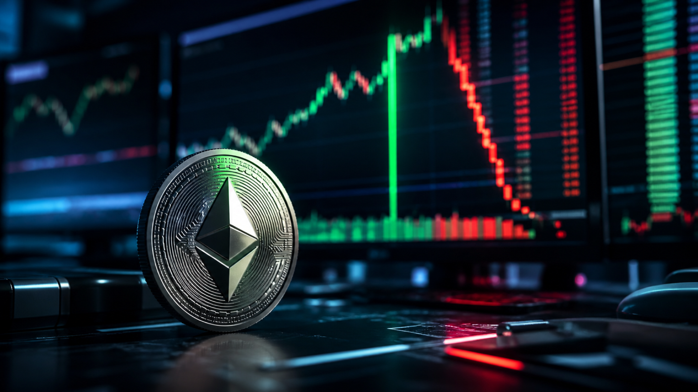เหรียญ Ethereum หน้าจอตลาดพุ่งขึ้นและเหตุการณ์บังคับปิดสถานะ Short