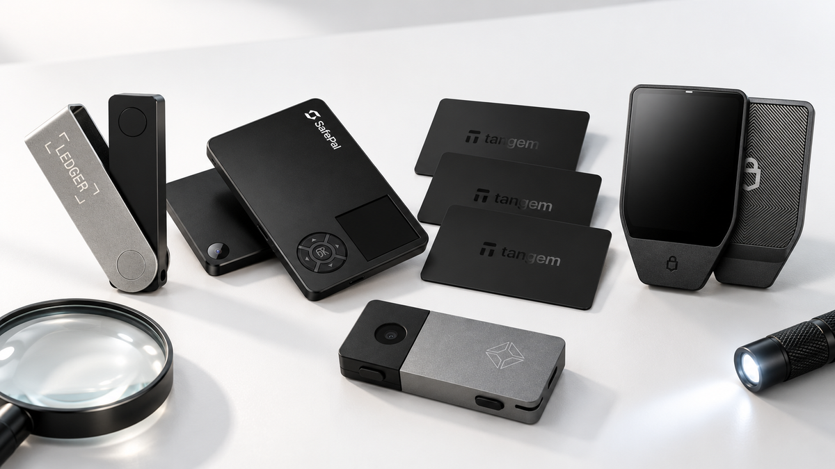 Hardware wallets from Ledger, SafePal, Tangem, Trezor and Blockstream arranged for an authenticity inspection