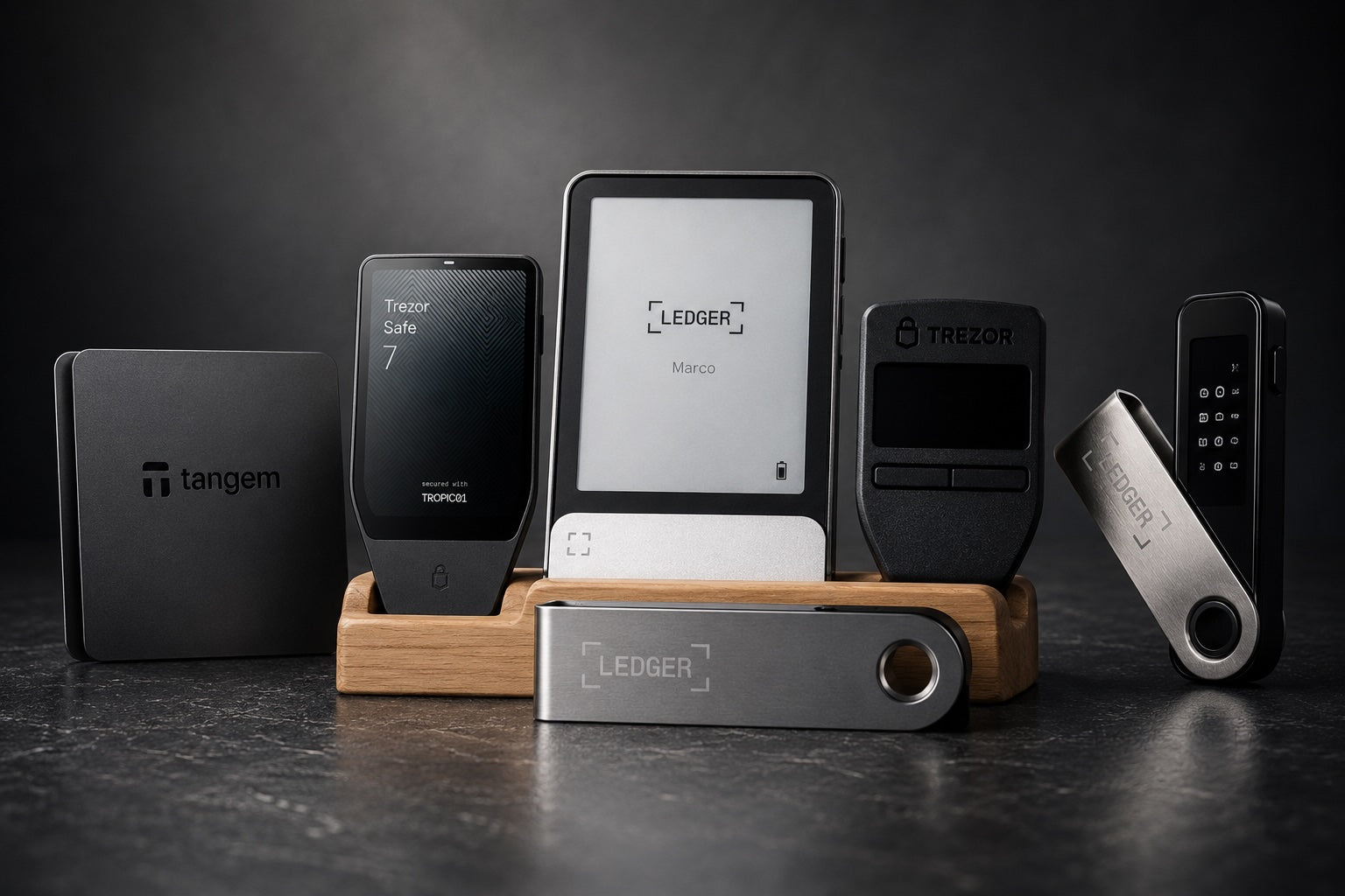 Tangem, Trezor and Ledger hardware wallets side by side on a dark surface