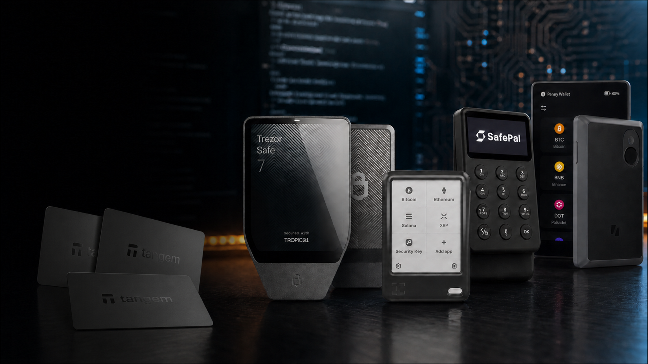 Hardware Wallet จาก Trezor Ledger SafePal Keystone และ Tangem บนพื้นหลังด้านความปลอดภัยไซเบอร์