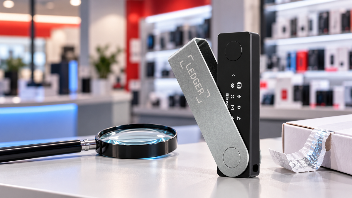 Ledger Nano X being inspected at an electronics counter