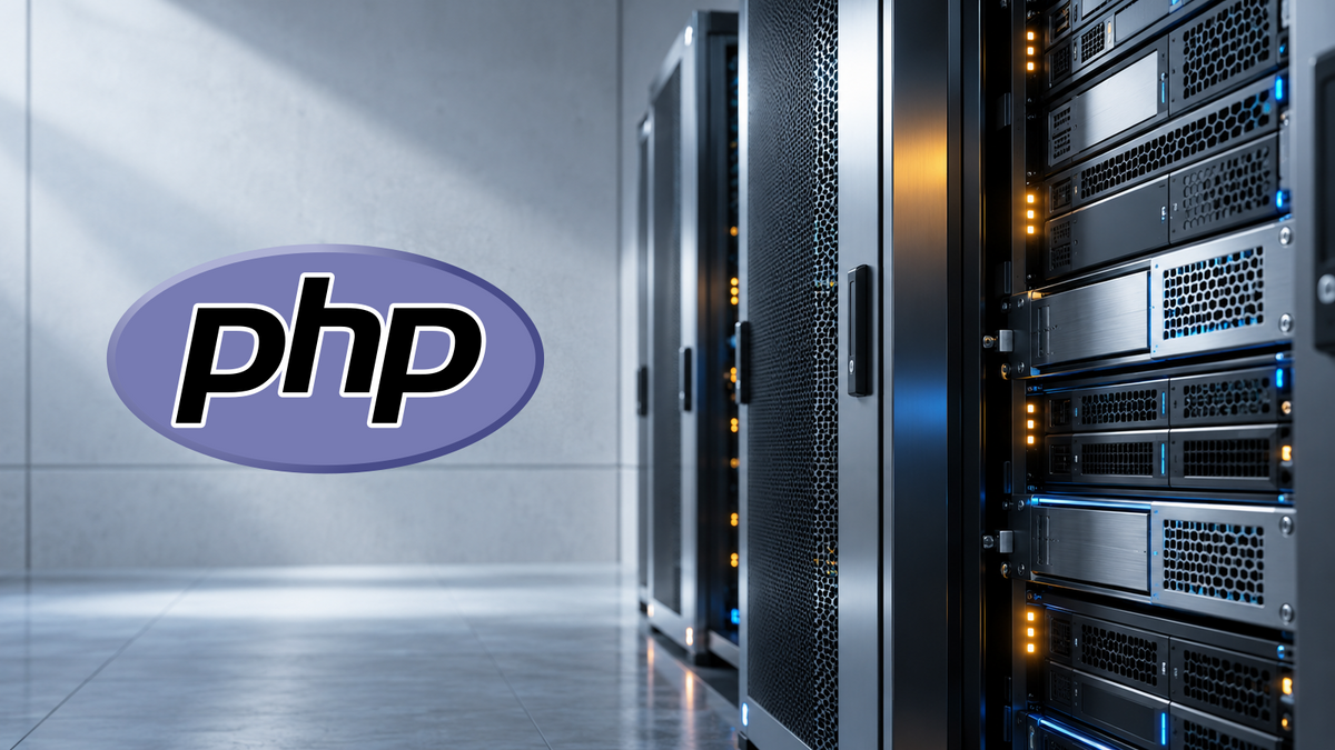 Official PHP logo beside server racks, illustrating the PHP2Shell security updates