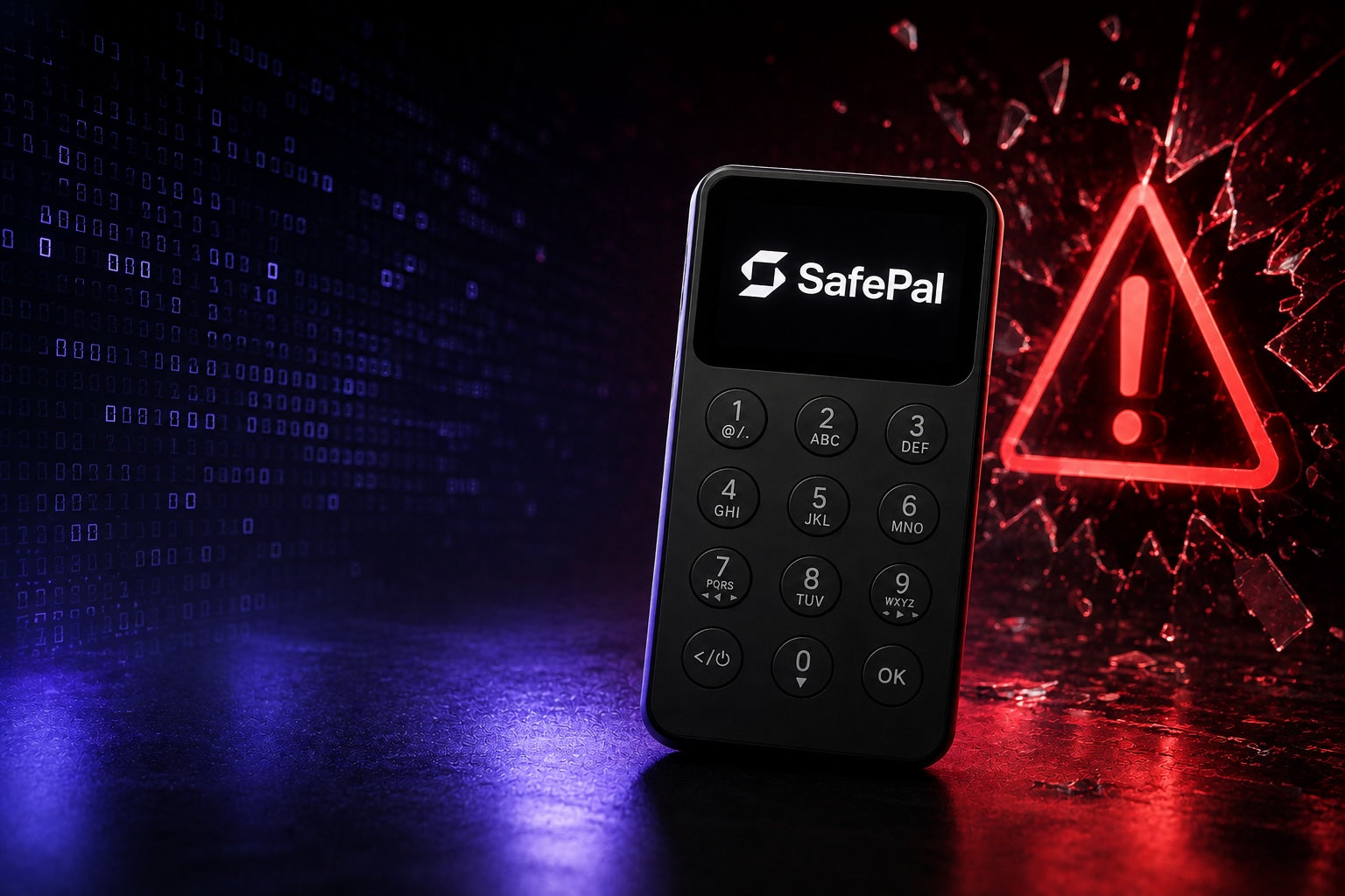 SafePal X1 hardware wallet with a warning sign, customer data breach 2026