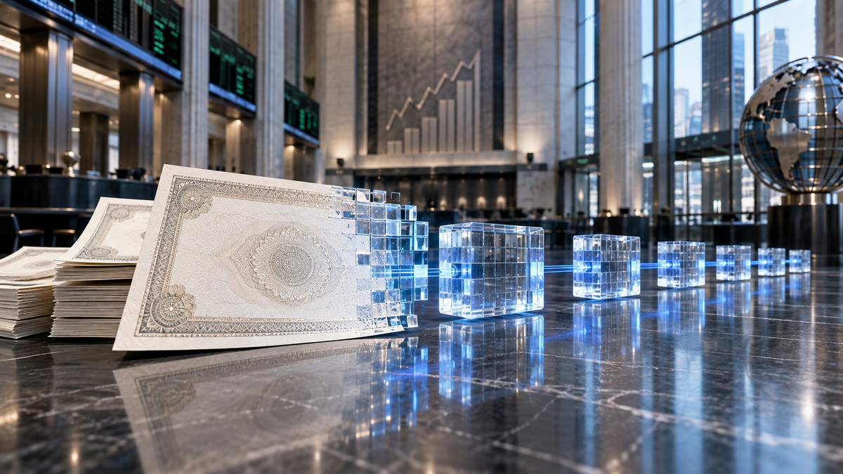 Equity ownership documents transitioning into digital ledger blocks inside a modern capital market