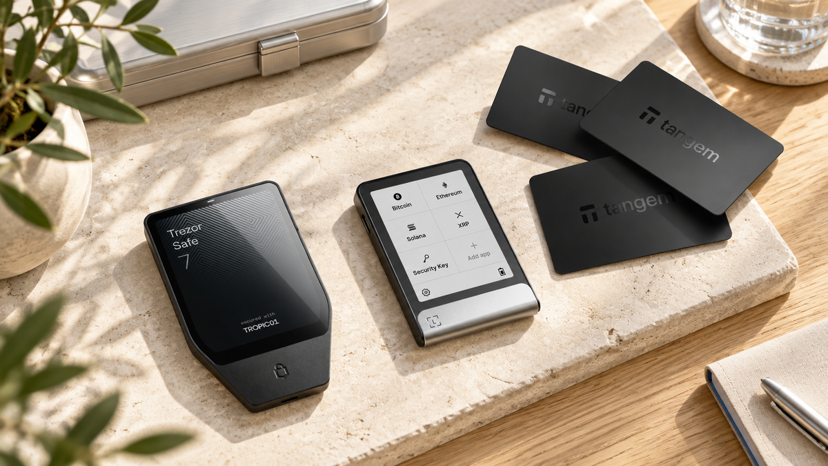 Trezor Safe 7, Ledger Flex and Tangem Wallet arranged in a bright lifestyle cold-storage setting