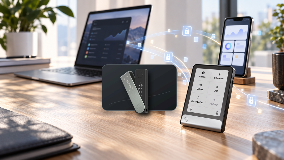 Ledger Nano X and Ledger Flex connecting Ledger Wallet data securely between a laptop and smartphone