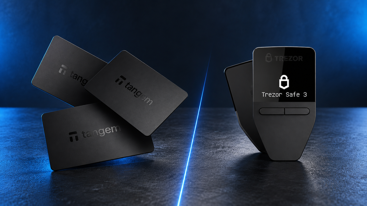 Tangem Wallet cards compared with a Trezor Safe 3