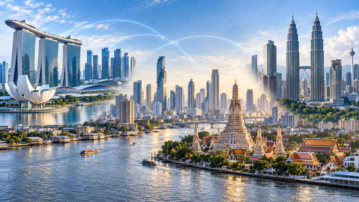 Editorial montage of Bangkok, Singapore and Kuala Lumpur skylines representing regional digital-money cooperation