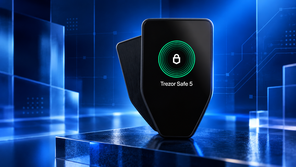 Trezor CryptoBilis security update featuring a real Trezor Safe 5
