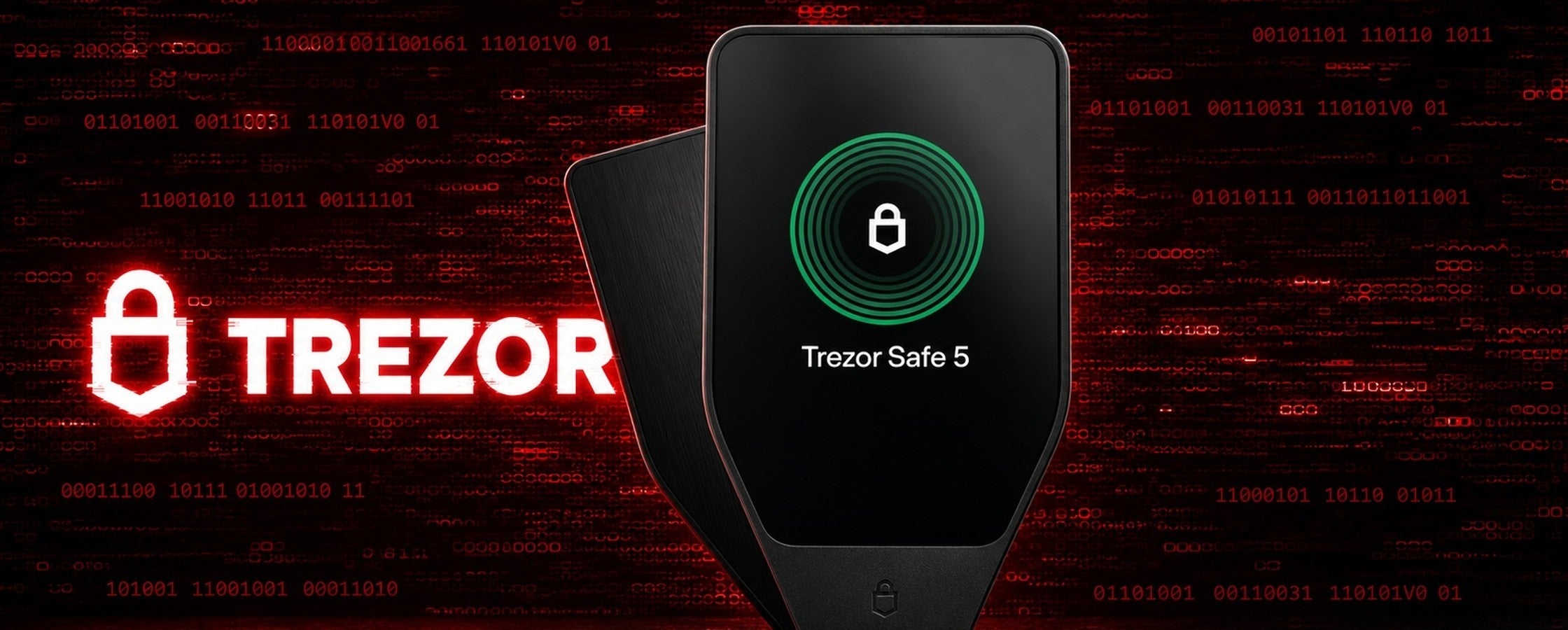 Trezor logo and a Trezor Safe 5 device against red binary code