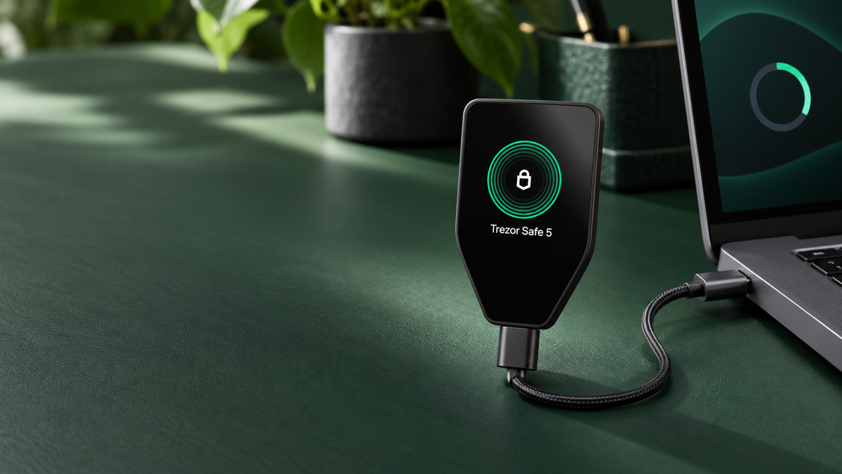 Trezor Safe 5 connected to a computer for a secure firmware update