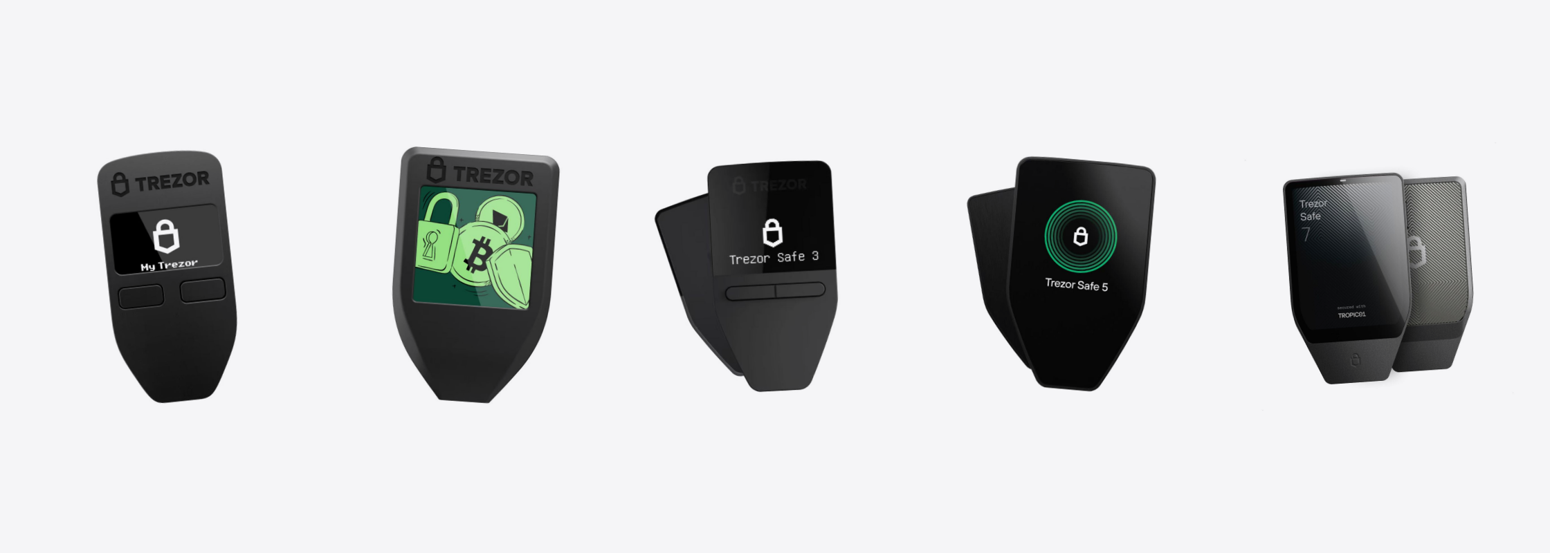 All five Trezor models, from the Trezor One to the Safe 7
