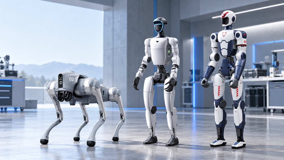 Unitree Go2, G1 and R1 robots in a modern robotics laboratory