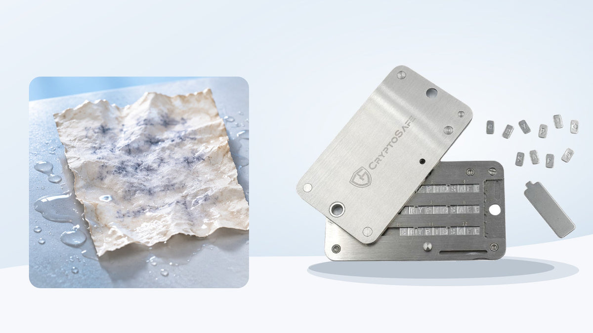 Water-damaged recovery sheet beside an actual CryptoSafe Pro steel backup