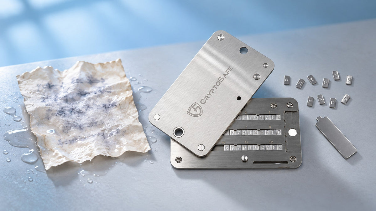 Water-damaged recovery sheet beside CryptoSafe Pro