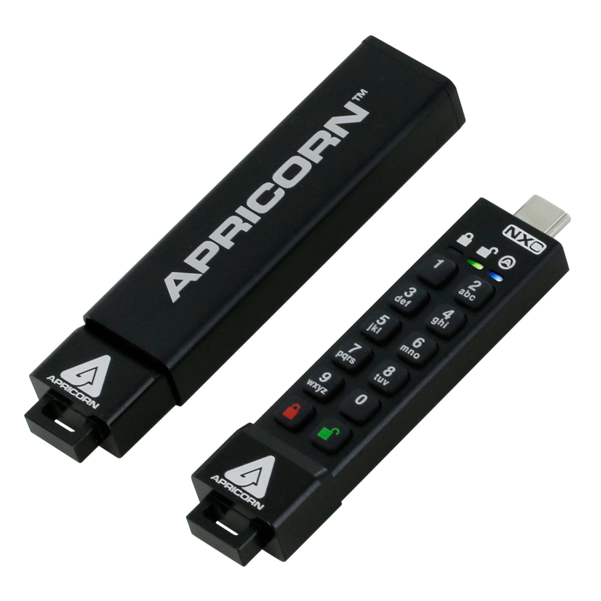 Two Apricorn Aegis Secure Key 3NXC drives, one in its sleeve and one showing the keypad and USB-C connector