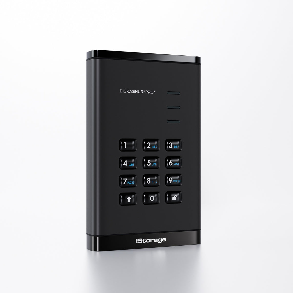iStorage diskAshur PRO3 ตั้งเอียง เห็นปุ่มกดและไฟสถานะ
