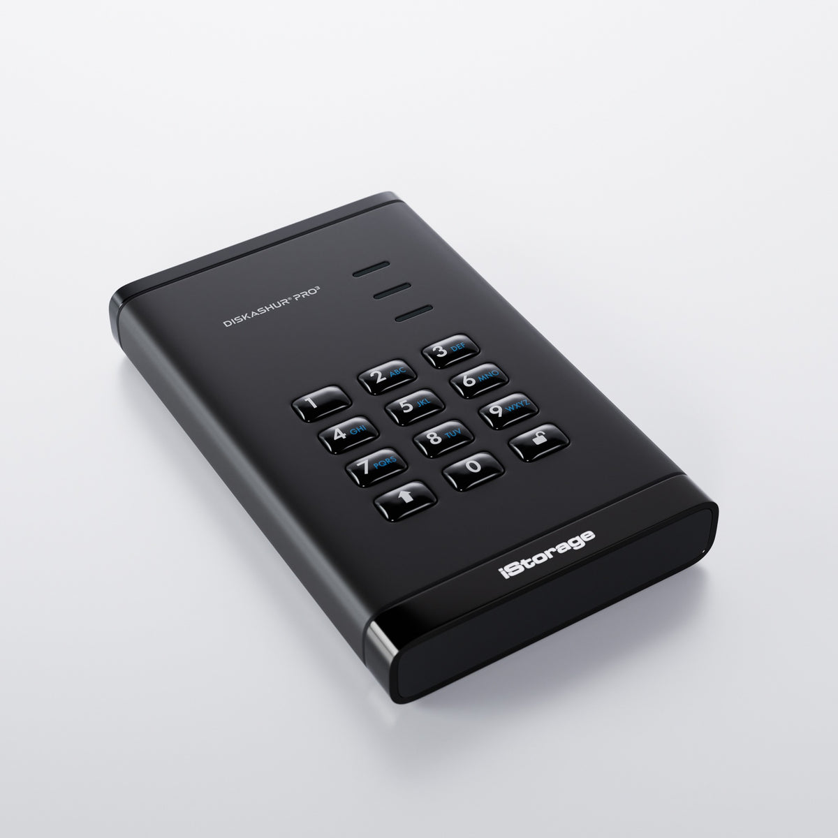 iStorage diskAshur PRO3 วางราบบนโต๊ะ