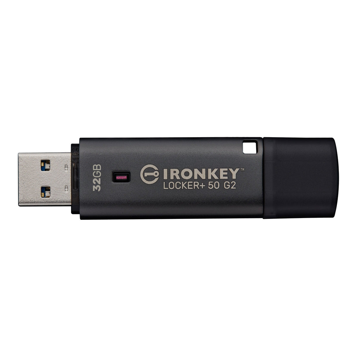 Kingston IronKey Locker+ 50 G2 with the cap off, showing the USB-A connector