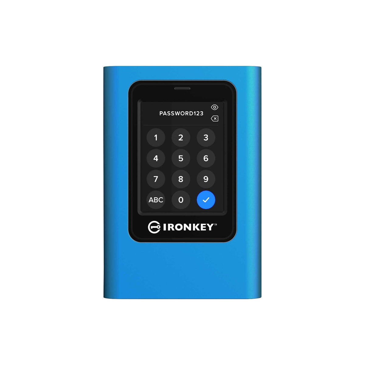 Kingston IronKey Vault Privacy 80 正面图,可见用于输入密码的触摸屏