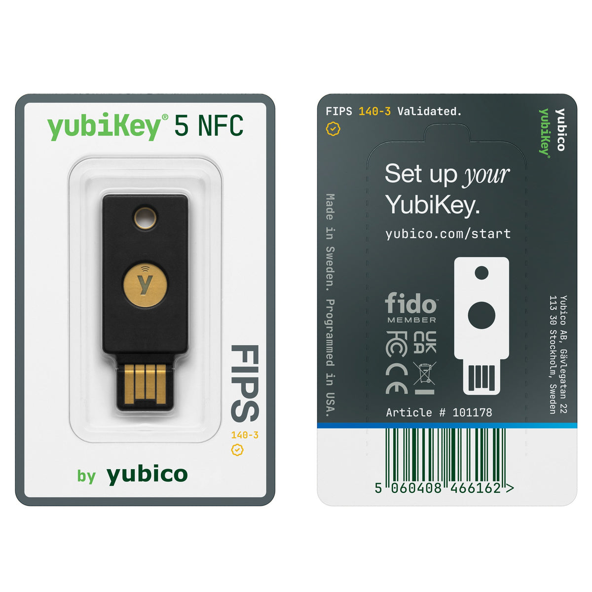 YubiKey 5 NFC FIPS in its retail pack, front and back