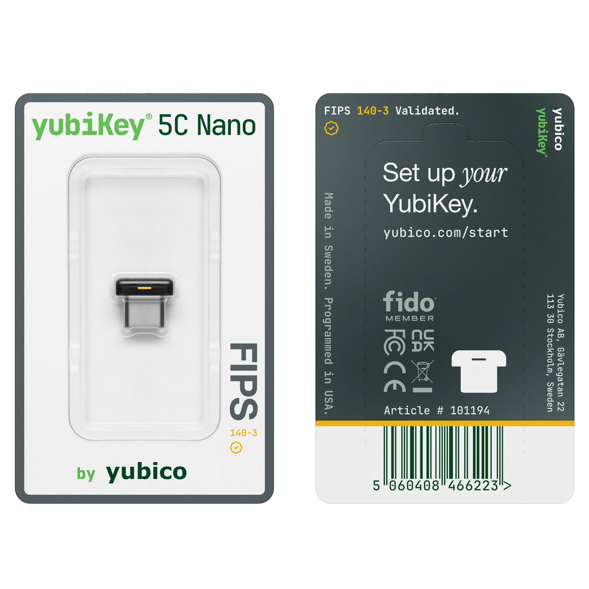 YubiKey 5C Nano FIPS 零售包装正反面