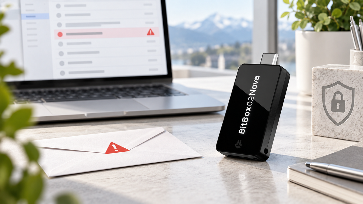 BitBox02 Nova beside a laptop showing a phishing email warning after the Brevo newsletter exposure