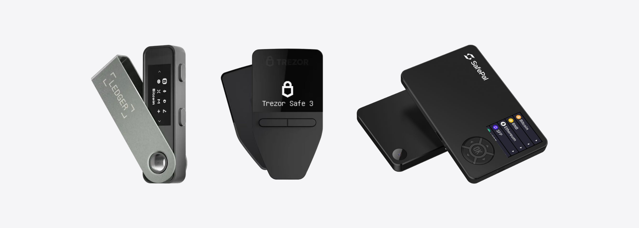 Ledger Nano S Plus, Trezor Safe 3 and SafePal S1 side by side