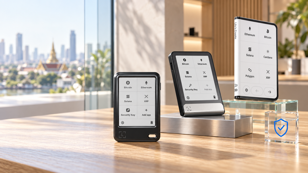 Ledger Nano Gen5, Ledger Flex and Ledger Stax displayed in a bright Bangkok showroom