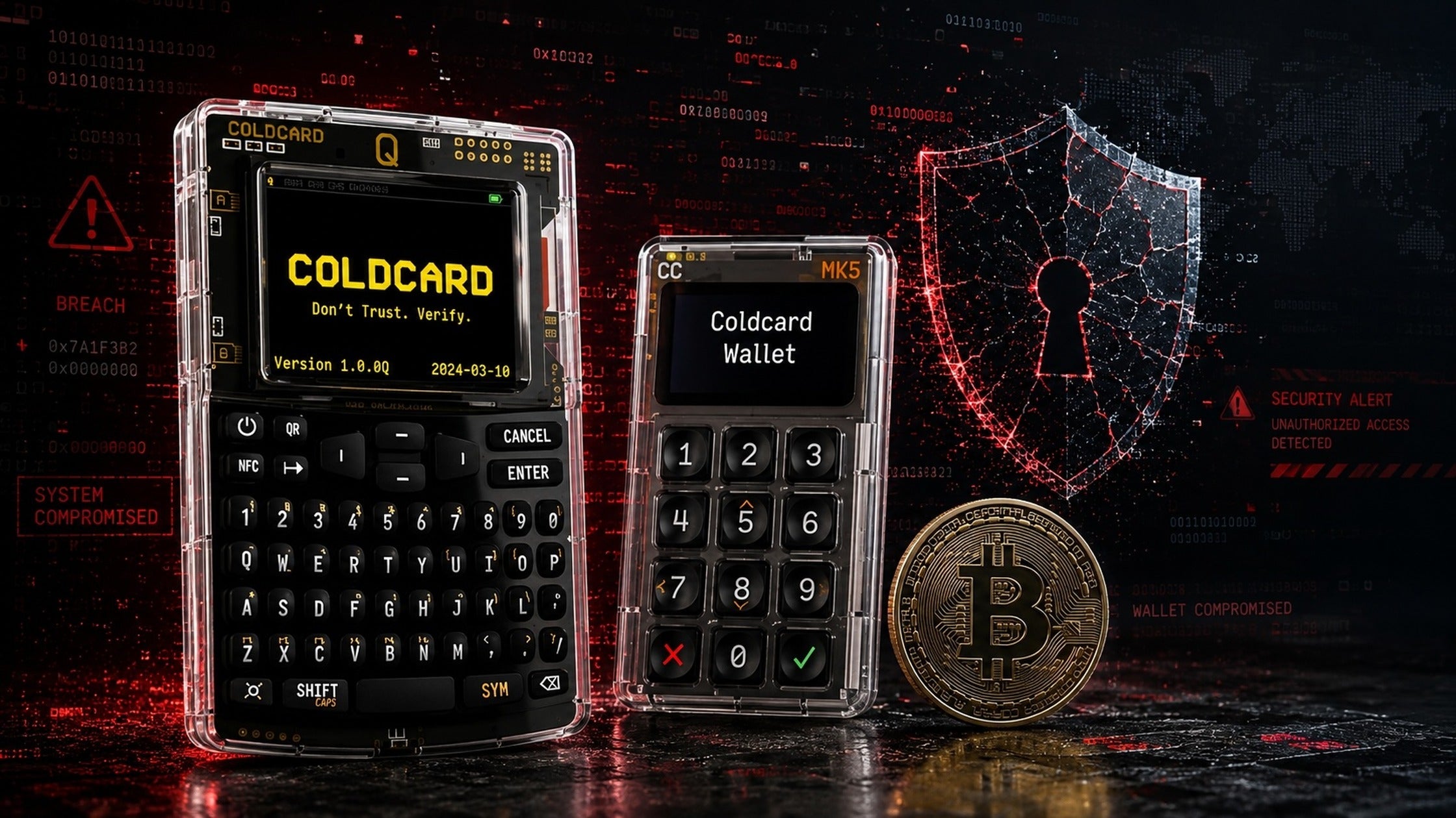 COLDCARD Q and Mk5 hardware wallets against a dark red security alert background, with a cracked shield graphic and a Bitcoin coin
