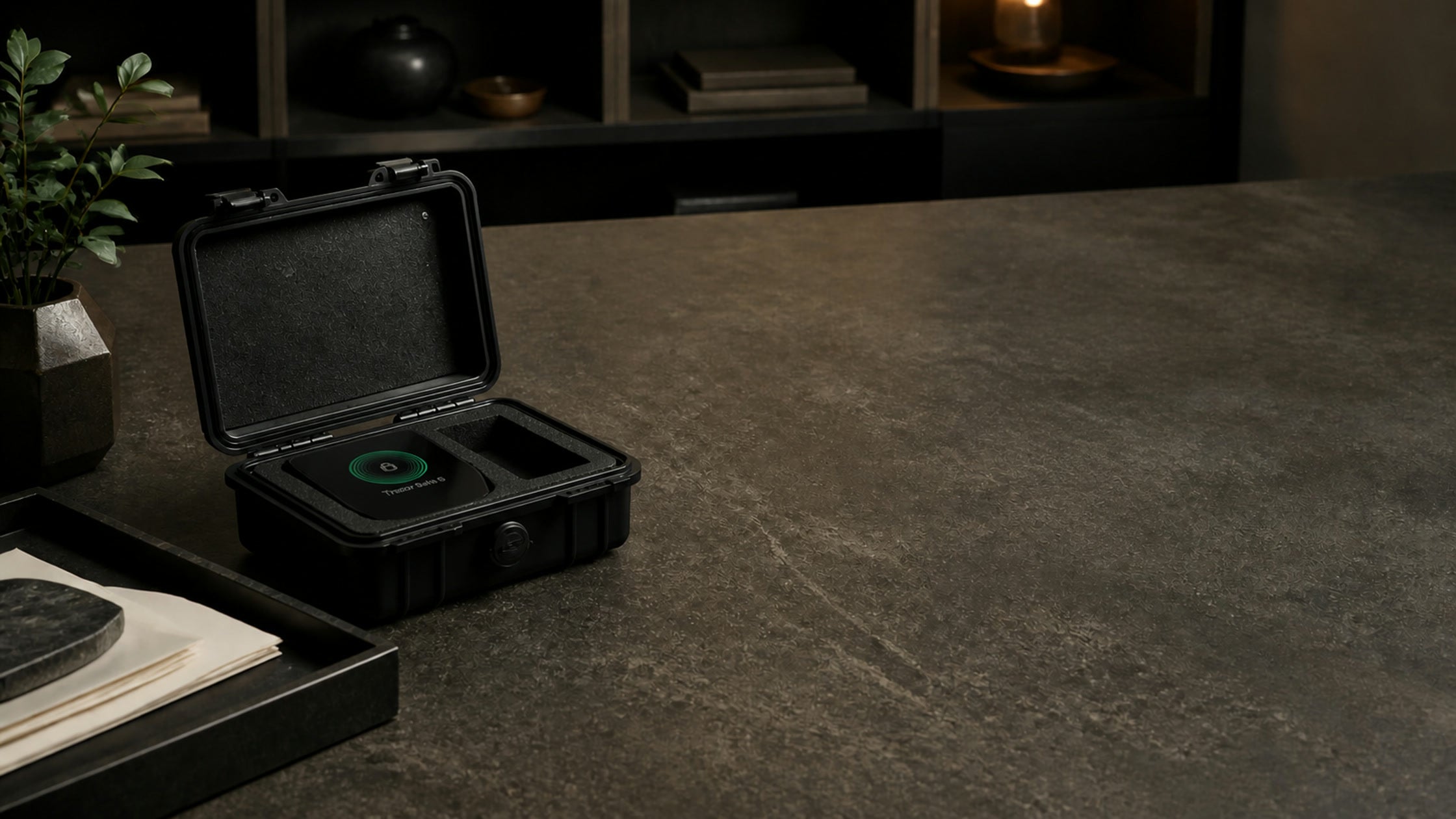 Trezor Safe 5 วางอยู่ในกล่องเก็บอุปกรณ์บนโต๊ะ สำหรับบทความวิธีรับมือเมื่อ Hardware Wallet สูญหาย