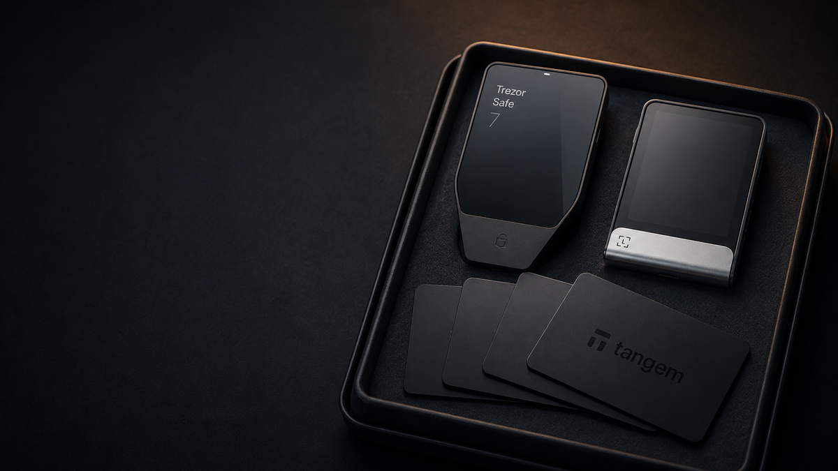 Hardware Wallet หลายรุ่นบนฉากโทนเข้ม สื่อถึงการปกป้องสินทรัพย์เมื่ออุปกรณ์หาย พัง หรือถูกขโมย