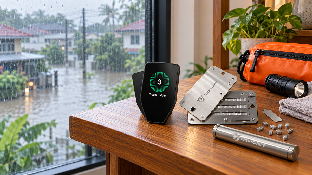 Hardware wallet and metal Seed Phrase backups kept safely above floodwater in a Thai home