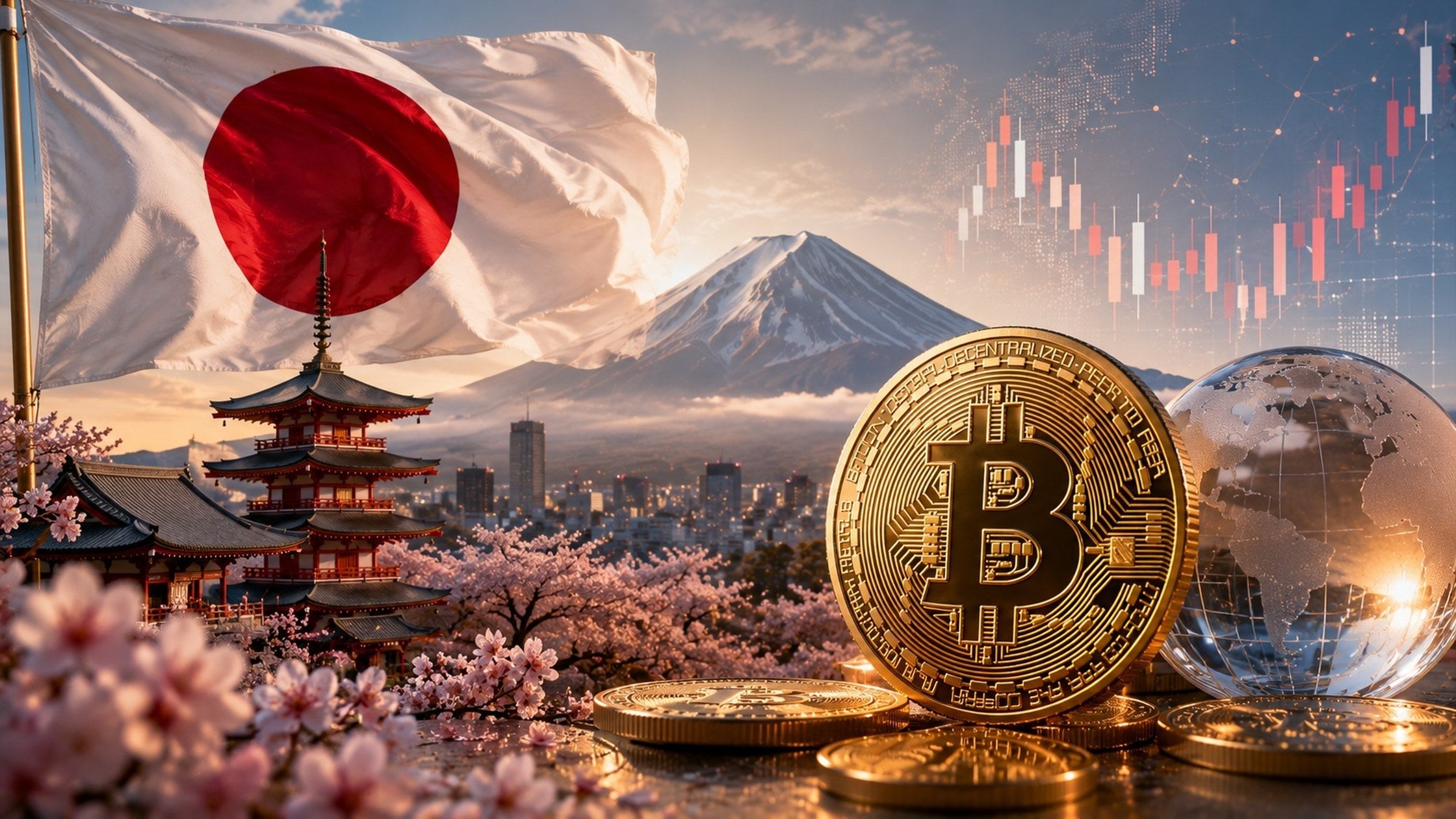 A Bitcoin coin with the Japanese flag, Mount Fuji and cherry blossom