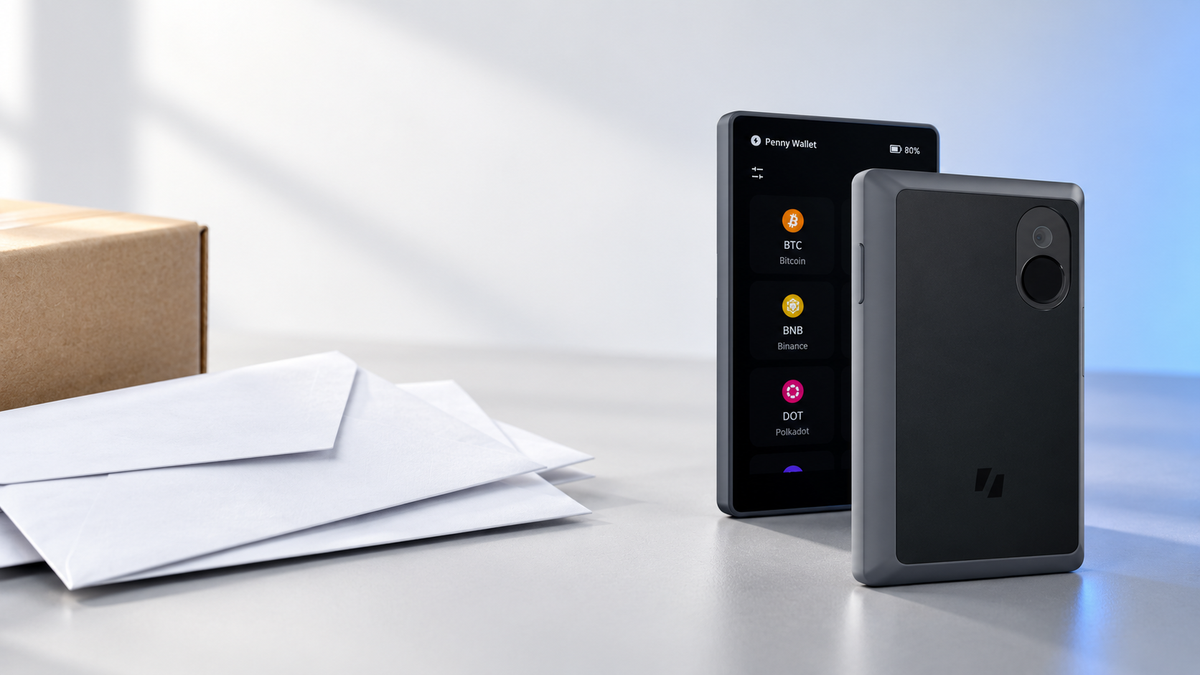Keystone 3 Pro hardware wallet beside envelopes and a parcel, illustrating customer shipping-data privacy