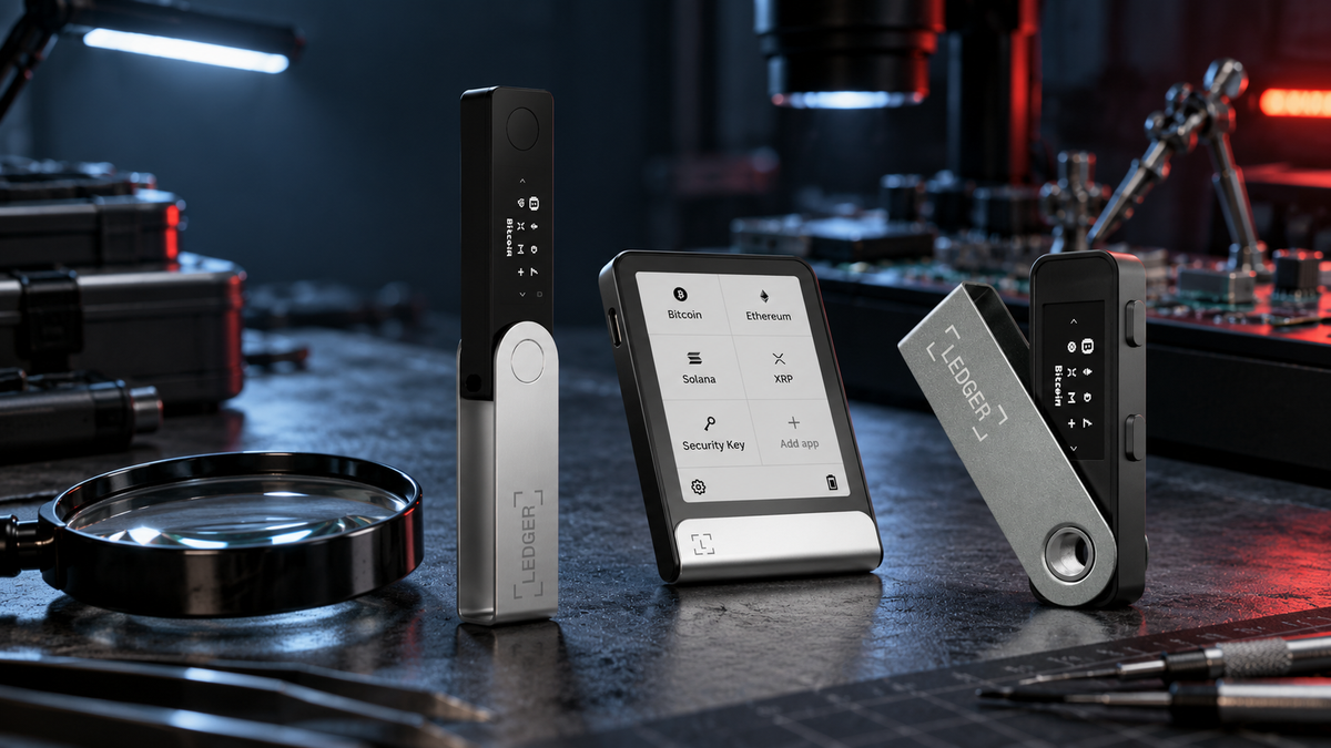 Ledger hardware wallets on a security inspection workbench