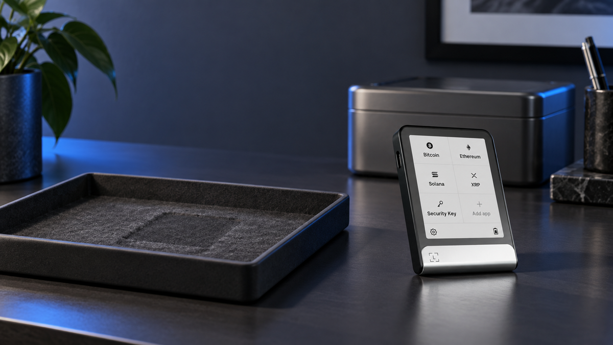 A real Ledger Flex beside an empty tray, illustrating wallet recovery after a device is lost
