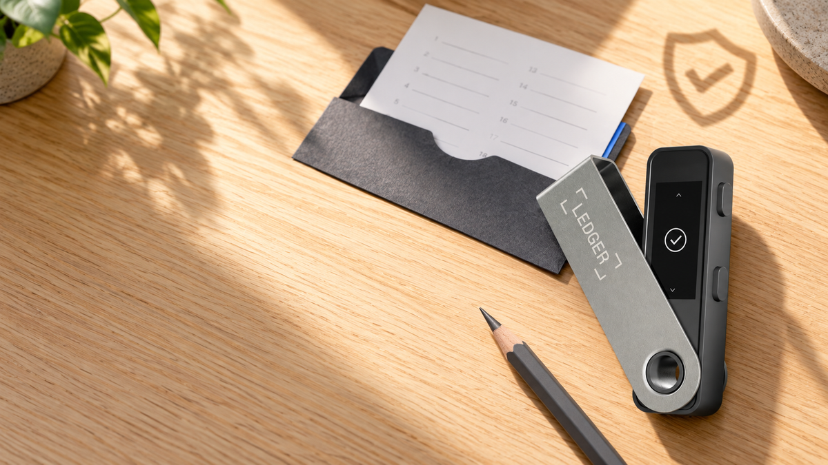 Ledger Nano S Plus beside an offline recovery sheet for a secure Recovery Check