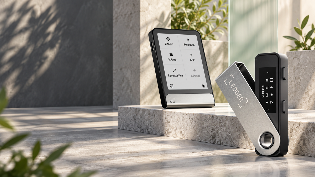 Ledger Flex and Ledger Nano S Plus arranged on stone plinths in natural light