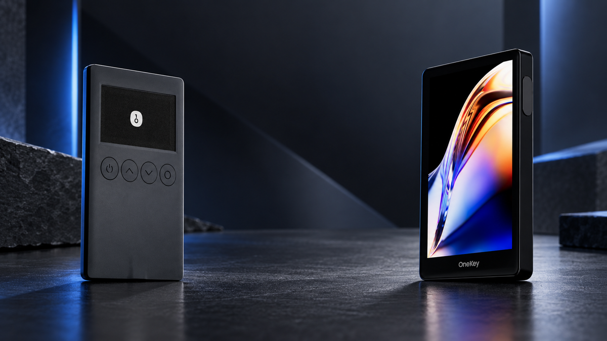 OneKey Classic 1S and OneKey Pro compared in a dark studio setting